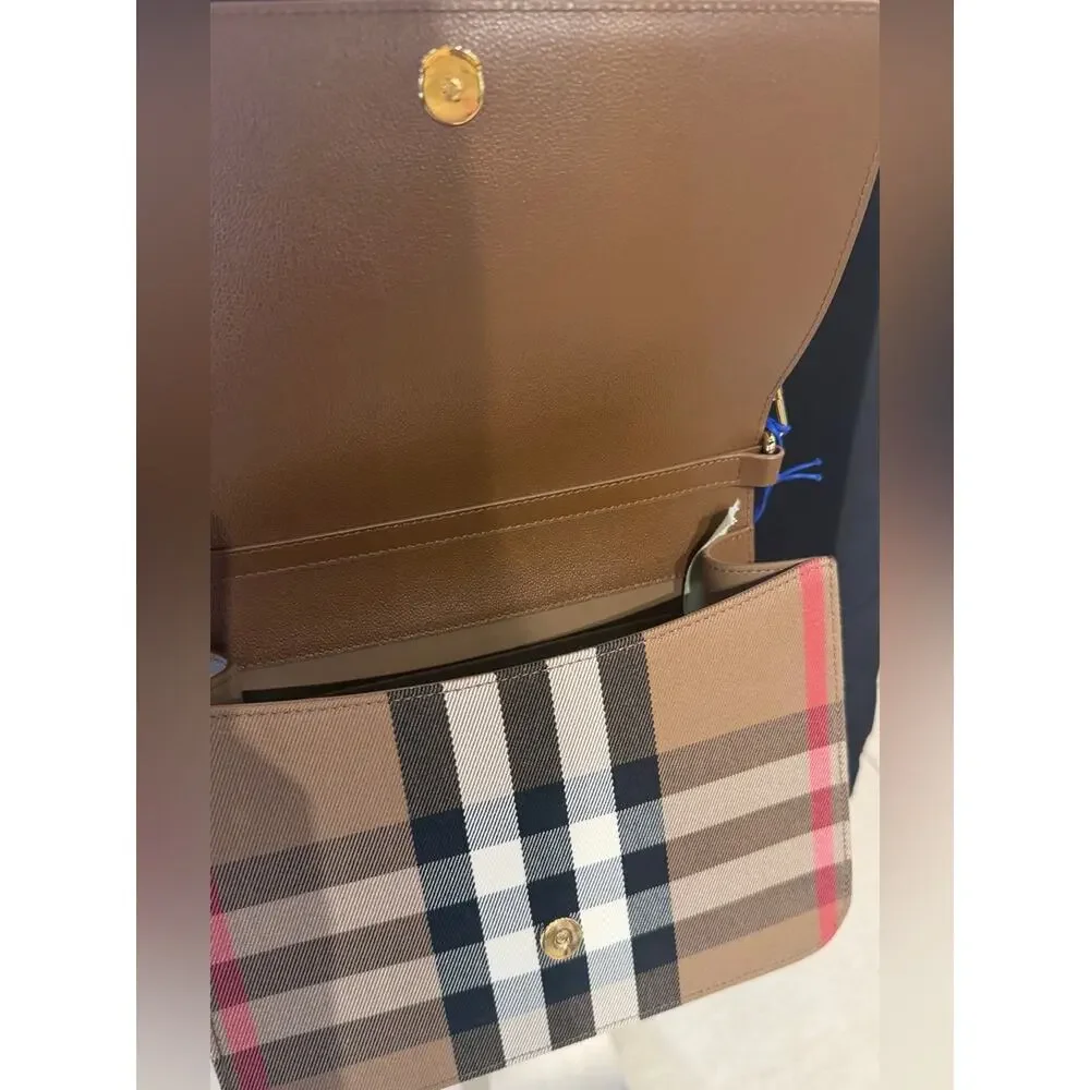Burberry Brown Leather Messenger Bag with Vintage Check Strap